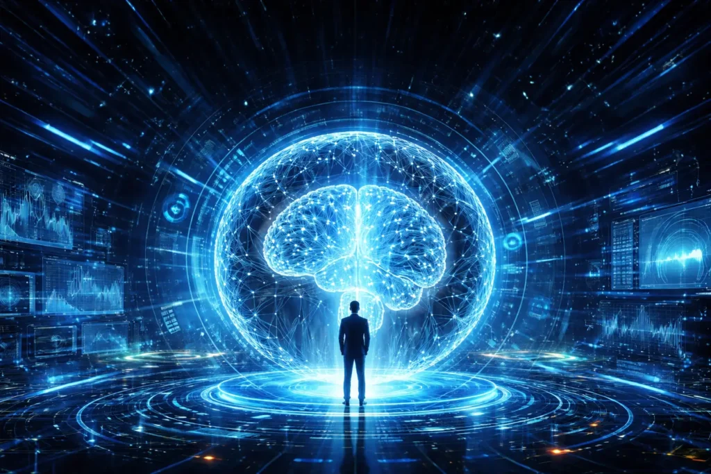 A futuristic digital scene with a lone figure standing on a glowing platform, gazing at a luminous AI brain in a holographic sphere. The scene is filled with data panels and glowing neural designs in blue and teal hues
