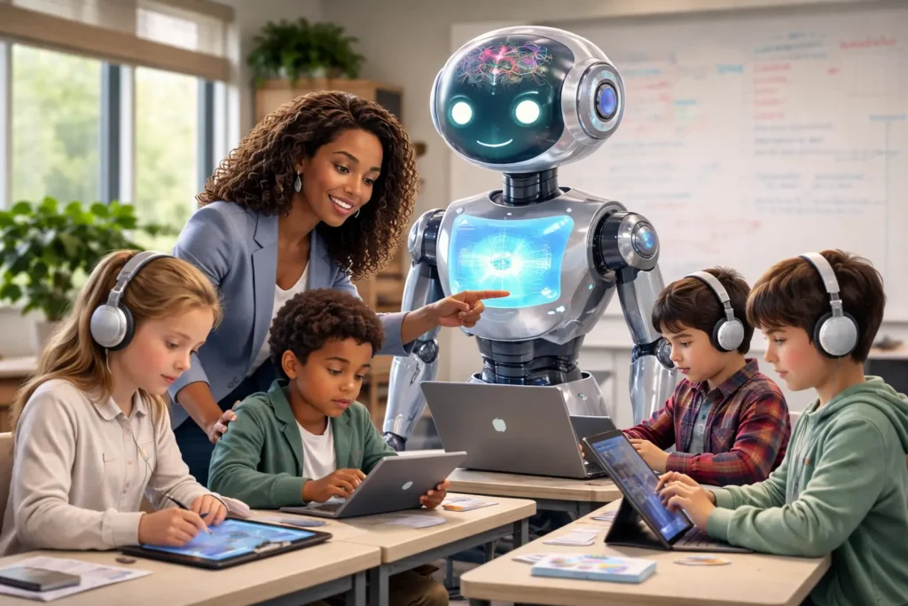 AI powered education system supporting digital learning through smart technology and interactive educational platforms.
