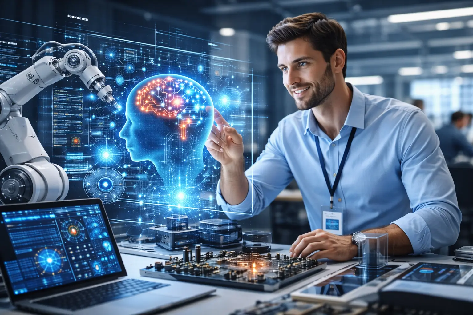"Professional man interacting with a glowing AI brain hologram, surrounded by icons representing AI benefits like efficiency, data analysis, healthcare improvements, and cost reduction
