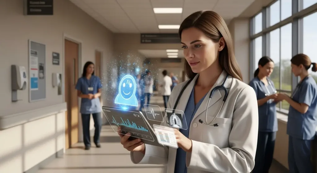 Modern healthcare illustration showing conversational AI technology assisting doctors and patients through a virtual chatbot interface on a tablet in a clean medical environment. Soft blue and white tones highlight a human friendly, futuristic healthcare technology design.