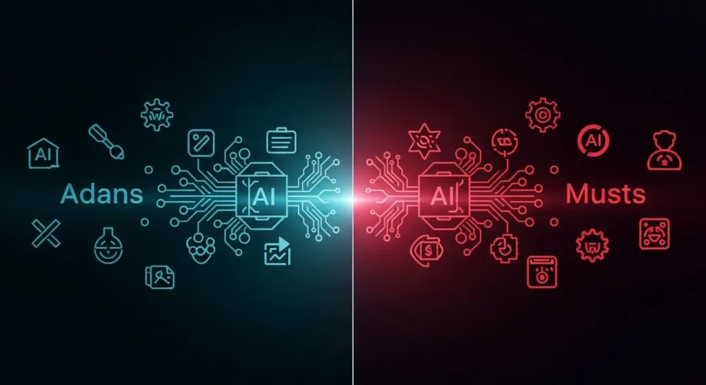 Split screen illustration showing the advantages and disadvantages of artificial intelligence, highlighting efficiency, automation, and innovation on one side, and job displacement, ethical concerns, and data privacy challenges on the other.