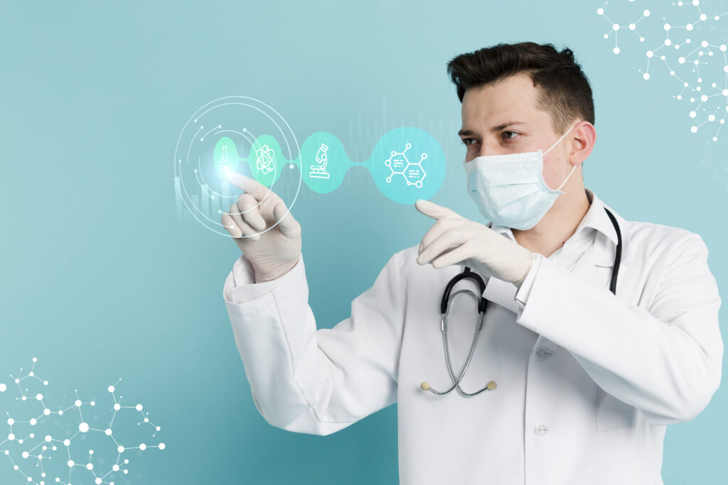 A doctor wearing a mask and gloves interacts with holographic medical icons, such as a microscope, a test tube, and DNA strands, in a digital healthcare environment. The background is a solid light blue, highlighting the futuristic and tech-driven nature of the healthcare field.