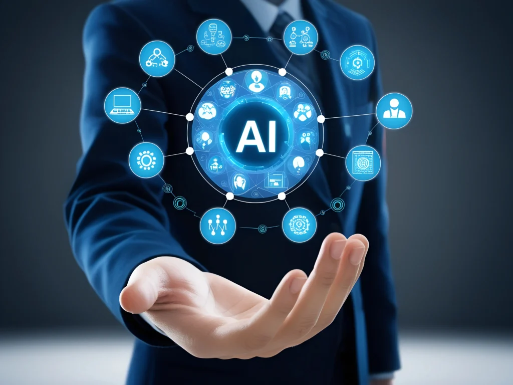 AI technology concept with interconnected icons symbolizing innovation, data, and human interaction, held by a business professional.
