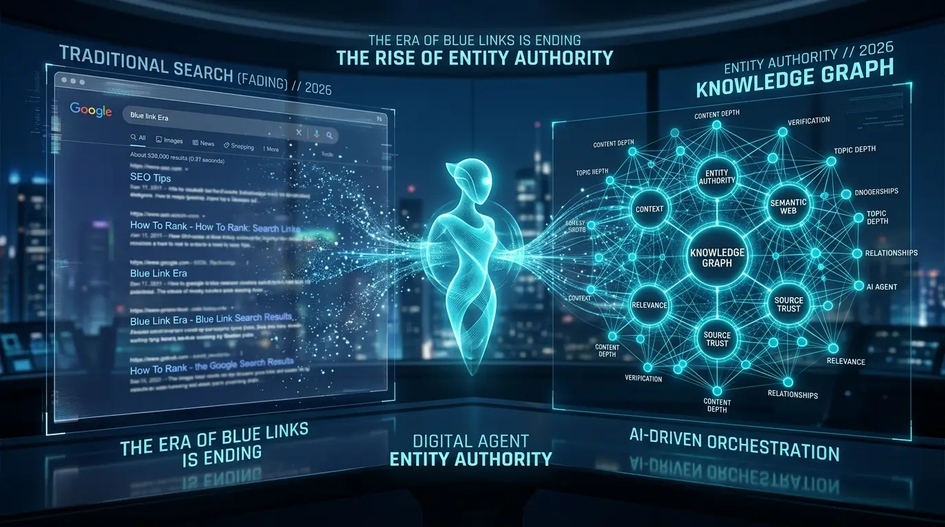 A futuristic digital interface contrasting old search link results with a glowing 3D semantic knowledge graph orchestrated by an AI agent, symbolizing the shift to Entity Authority in 2026.