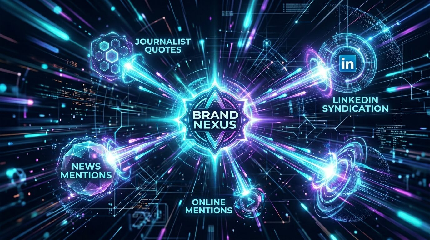 A high-tech digital network visualization showing a central brand nexus syndicating data packets to various authoritative external channels to generate citation velocity.