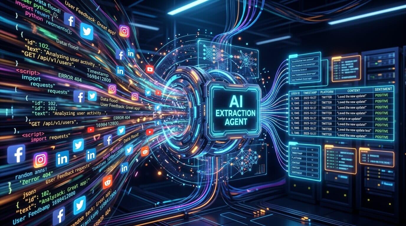 A futuristic digital visualization showing chaotic raw data streams being processed by an AI Extraction Agent filter into neat, structured, organized data columns.