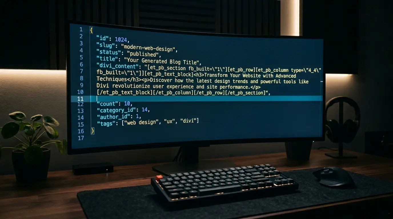 Close-up of a developer monitor displaying glowing JSON code specifically formatted with native Divi shortcodes.
