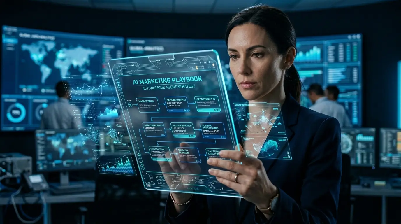 A close-up of an augmented reality digital playbook held by a strategist, displaying a flowchart of autonomous AI agents executing an SEO strategy