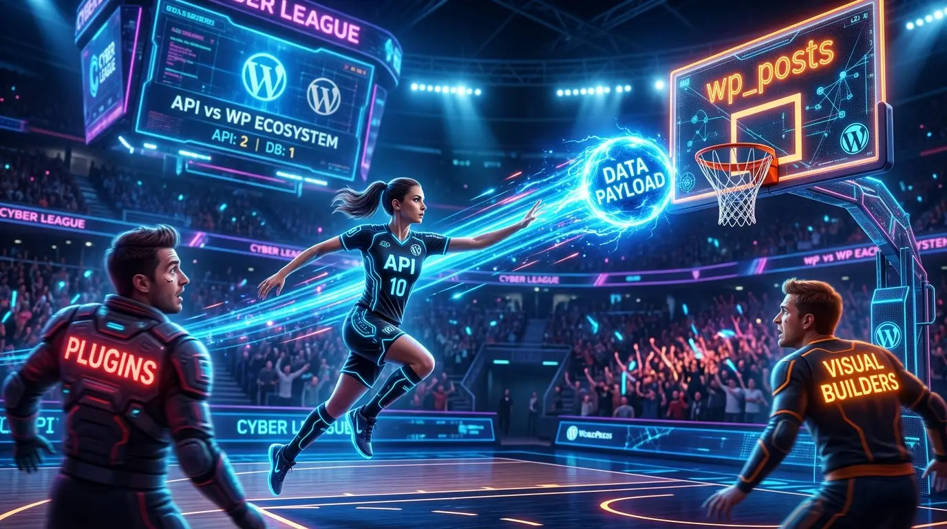 Dynamic sports conceptual visualization of an API player in blue passing a glowing data payload directly into a WordPress database hoop.