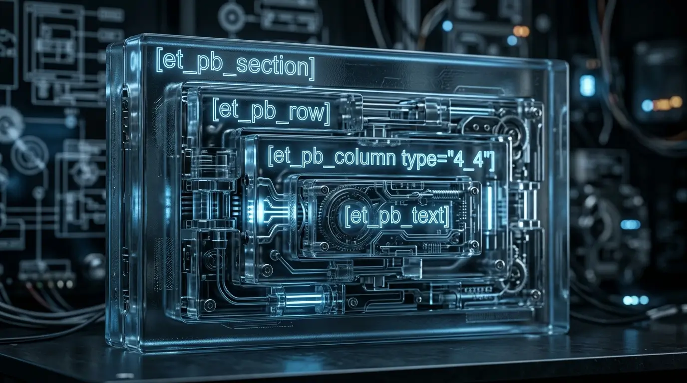 A technical blueprint visualization showing the glowing, nested shortcode blocks that make up a Divi page layout.