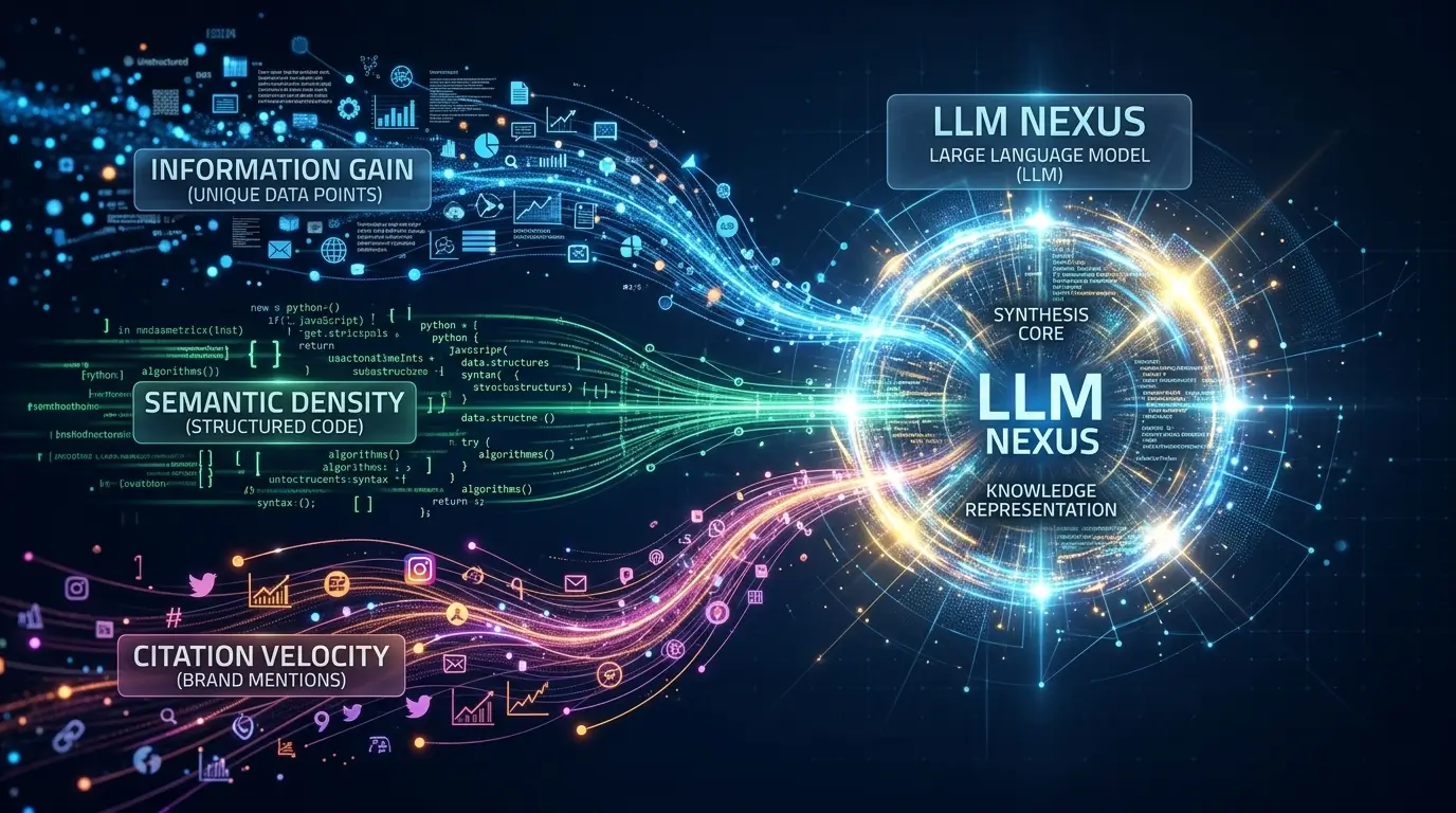 An infographic visualizing the three primary signals for LLM visibility: Information Gain (unique data), Semantic Density (structured schema), and Citation Velocity (consistent brand mentions) merging into an AI model.