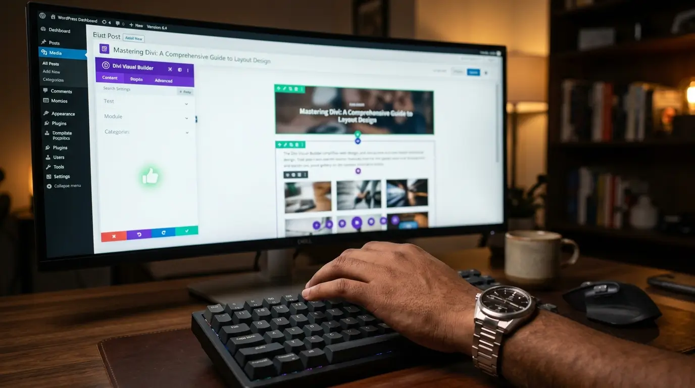 Close-up of a professional human editor's hand approving a perfectly formatted Divi page generated by automated AI.
