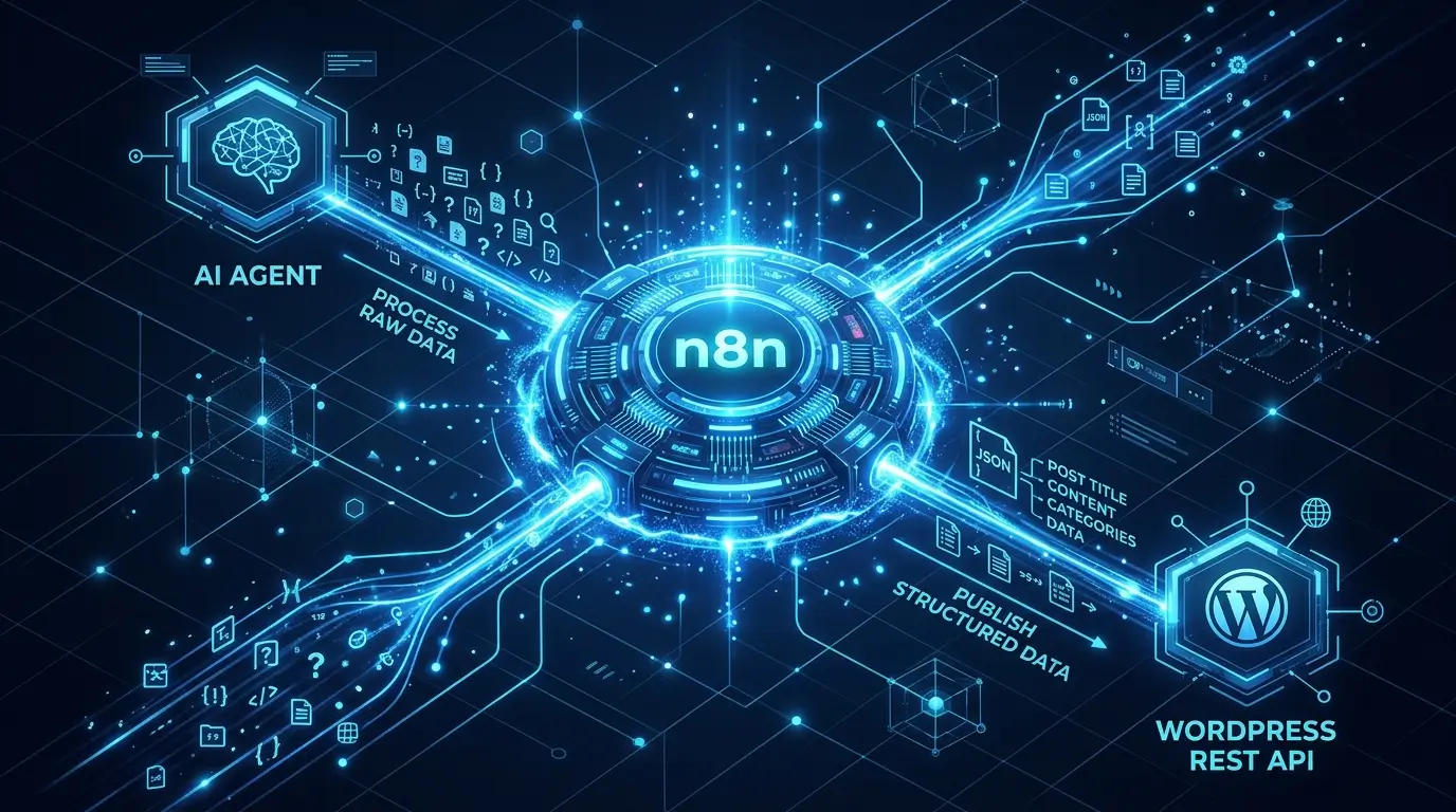 A network diagram visualizing n8n as the central radiant blue brain orchestrating AI data flow to the WordPress REST API.